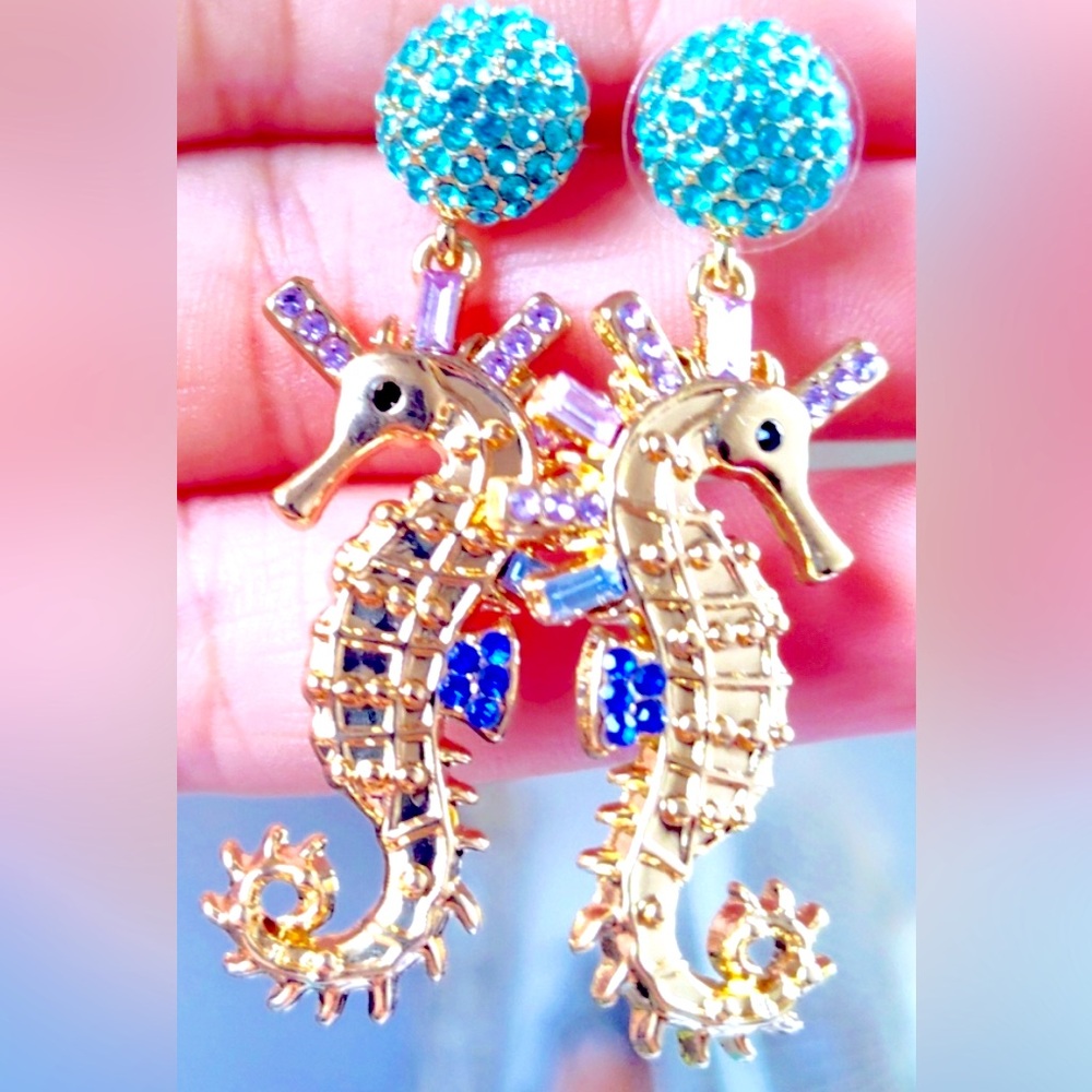 NWOT Earrings Seahorses w Turquoise, Royal, white crystals pierced, drop post 2”
